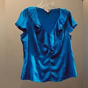 ZOA New York Blue Flutter Sleeve Ruffled Silk Blouse Size L